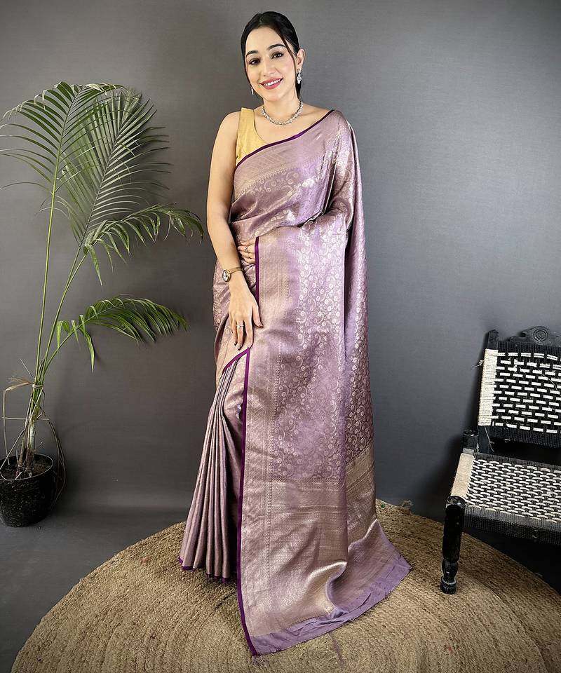 lavender soft satin silk blend floral & paisley motifs banarasi saree