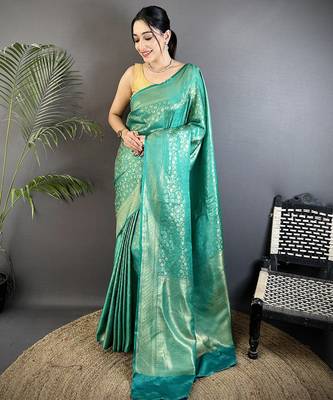 rama green soft satin silk blend floral & paisley motifs banarasi saree 1