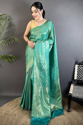 rama green soft satin silk blend floral & paisley motifs banarasi saree
