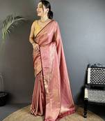 purple soft satin silk blend paisley & floral banarasi saree