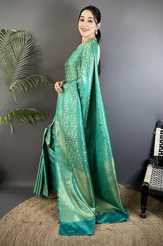 rama green soft satin silk blend floral & paisley motifs banarasi saree