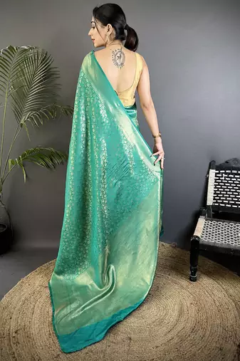 rama green soft satin silk blend floral & paisley motifs banarasi saree