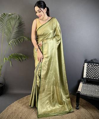 olive green soft satin silk blend floral & paisley motifs banarasi saree 1