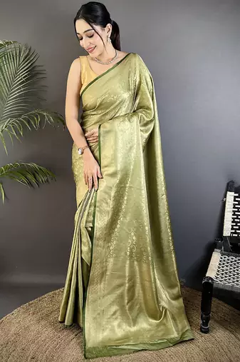 olive green soft satin silk blend floral & paisley motifs banarasi saree