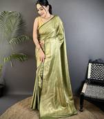 olive green soft satin silk blend floral & paisley motifs banarasi saree