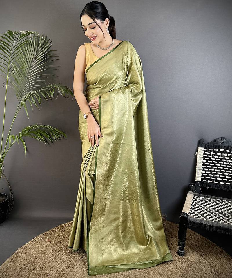 olive green soft satin silk blend floral & paisley motifs banarasi saree