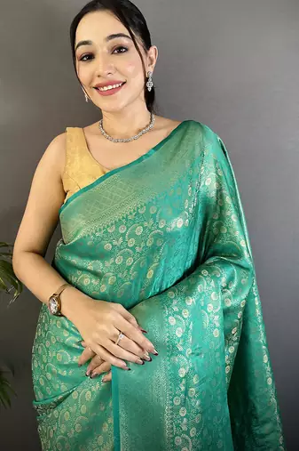 rama green soft satin silk blend floral & paisley motifs banarasi saree
