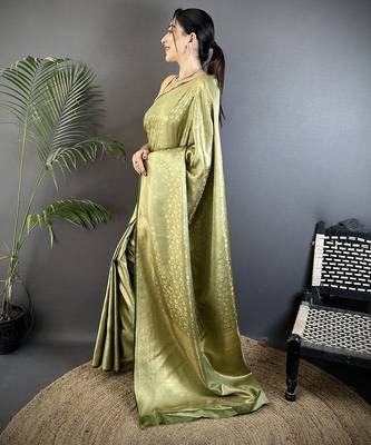 olive green soft satin silk blend floral & paisley motifs banarasi saree 2