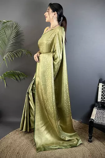 olive green soft satin silk blend floral & paisley motifs banarasi saree