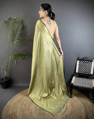 olive green soft satin silk blend floral & paisley motifs banarasi saree 3