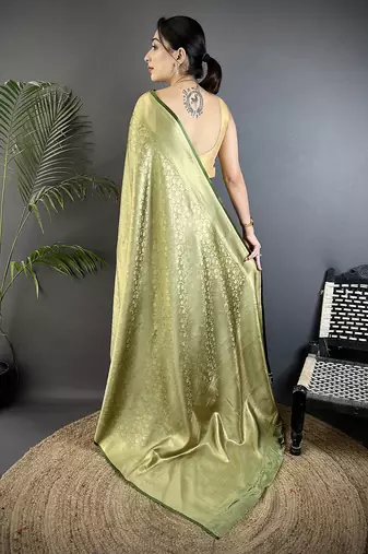 olive green soft satin silk blend floral & paisley motifs banarasi saree