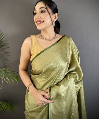 olive green soft satin silk blend floral & paisley motifs banarasi saree 4
