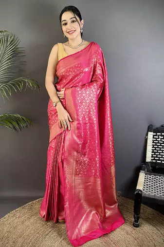 rani pink soft satin silk blend floral & paisley motifs banarasi saree