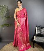 rani pink soft satin silk blend floral & paisley motifs banarasi saree