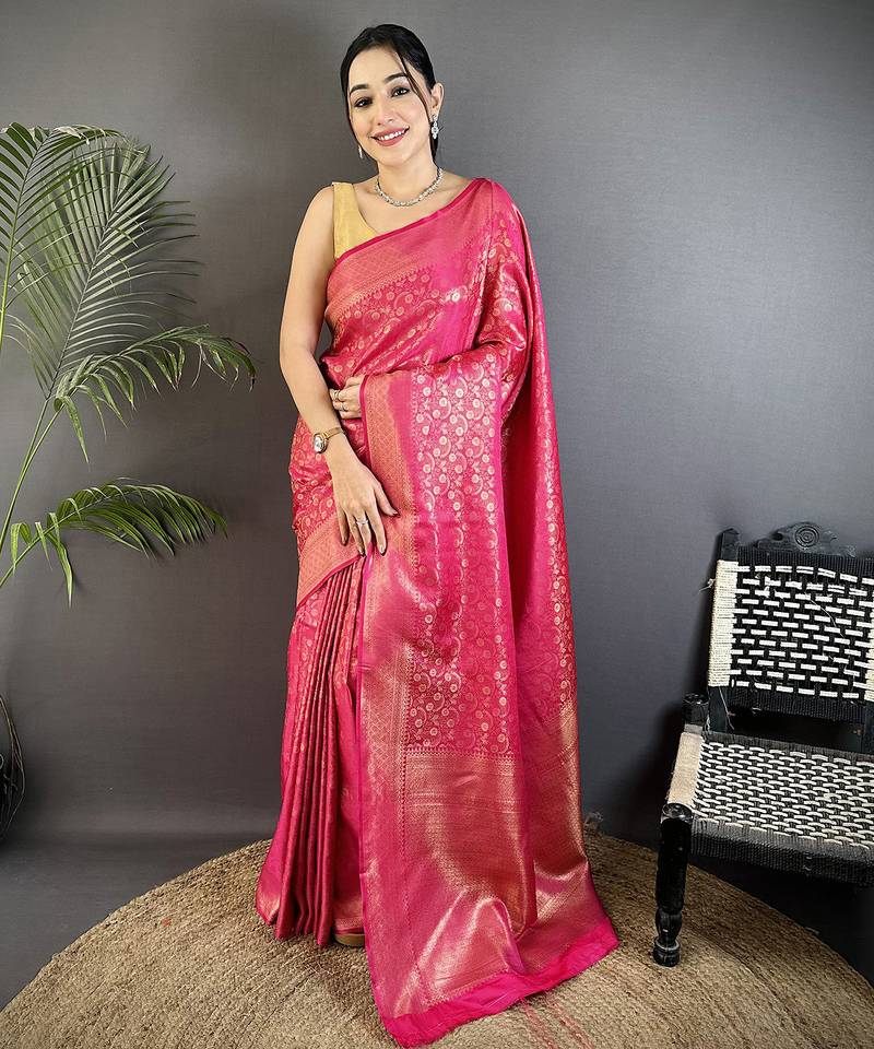 rani pink soft satin silk blend floral & paisley motifs banarasi saree