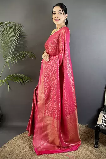 rani pink soft satin silk blend floral & paisley motifs banarasi saree