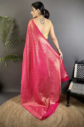 rani pink soft satin silk blend floral & paisley motifs banarasi saree