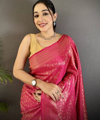rani pink soft satin silk blend floral & paisley motifs banarasi saree 4