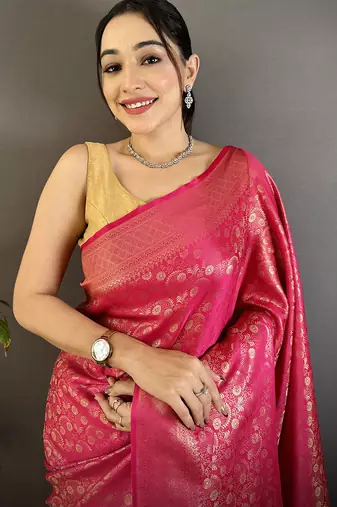 rani pink soft satin silk blend floral & paisley motifs banarasi saree