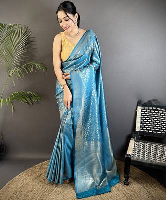 aqua blue soft satin silk blend floral & paisley motifs banarasi saree 1