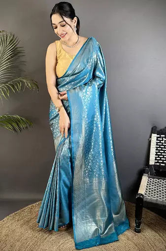 aqua blue soft satin silk blend floral & paisley motifs banarasi saree