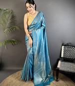 aqua blue soft satin silk blend floral & paisley motifs banarasi saree