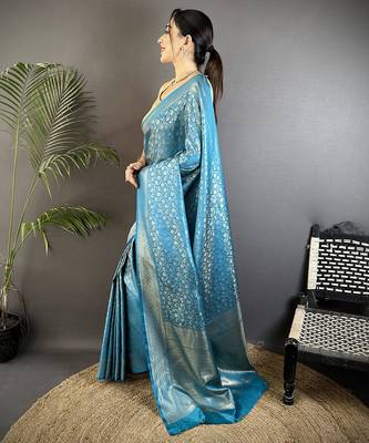 aqua blue soft satin silk blend floral & paisley motifs banarasi saree 2