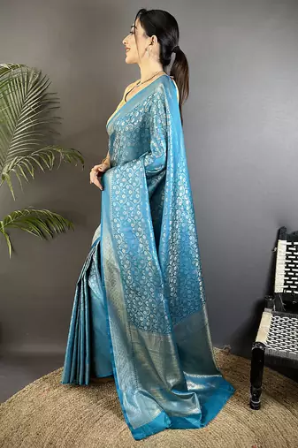 aqua blue soft satin silk blend floral & paisley motifs banarasi saree