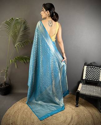 aqua blue soft satin silk blend floral & paisley motifs banarasi saree 3