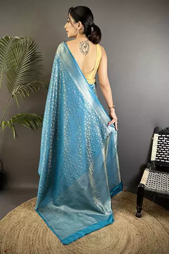 aqua blue soft satin silk blend floral & paisley motifs banarasi saree