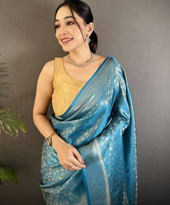 aqua blue soft satin silk blend floral & paisley motifs banarasi saree 4