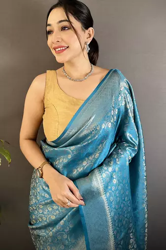 aqua blue soft satin silk blend floral & paisley motifs banarasi saree