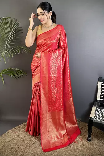 red soft satin silk blend floral & paisley motifs banarasi saree
