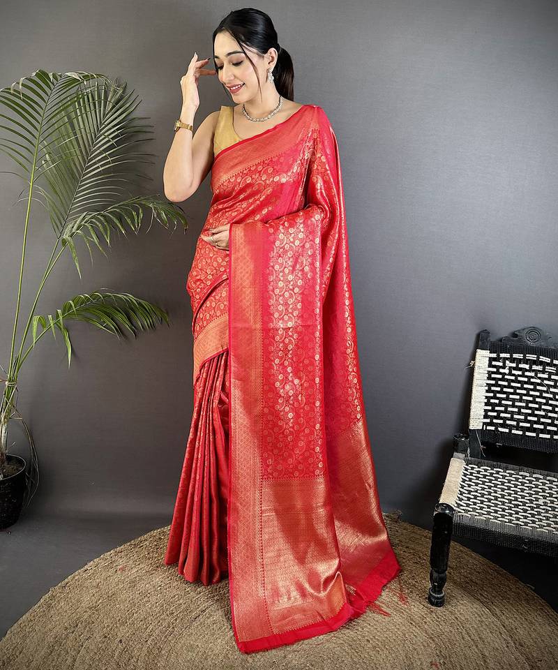 red soft satin silk blend floral & paisley motifs banarasi saree
