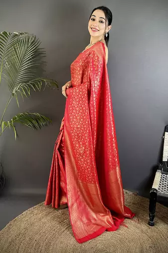 red soft satin silk blend floral & paisley motifs banarasi saree