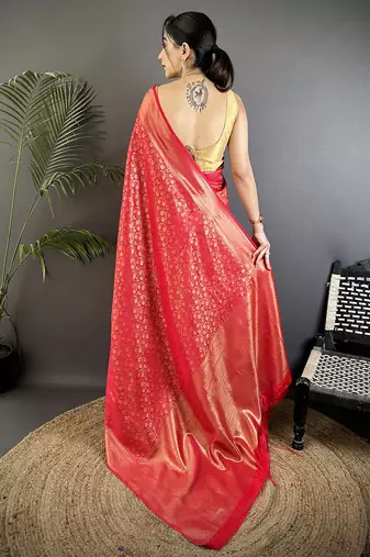 red soft satin silk blend floral & paisley motifs banarasi saree