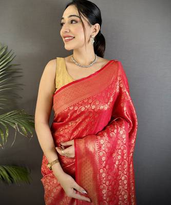red soft satin silk blend floral & paisley motifs banarasi saree 4
