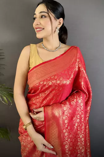 red soft satin silk blend floral & paisley motifs banarasi saree