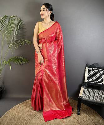 red soft satin silk blend floral & paisley motifs banarasi saree 1