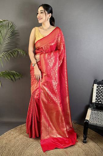 red soft satin silk blend floral & paisley motifs banarasi saree