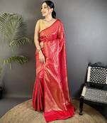 red soft satin silk blend floral & paisley motifs banarasi saree