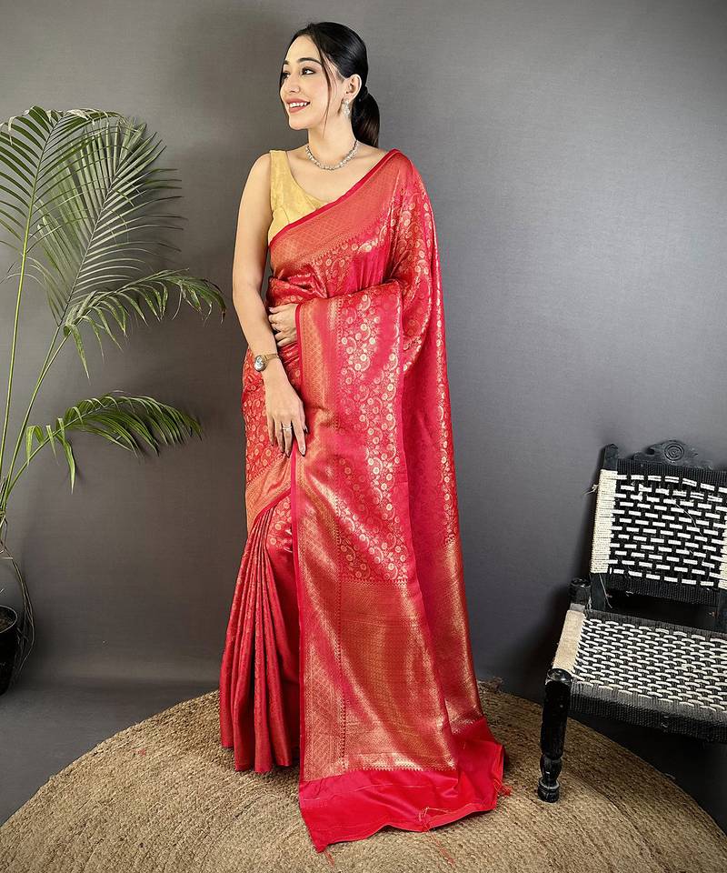 red soft satin silk blend floral & paisley motifs banarasi saree