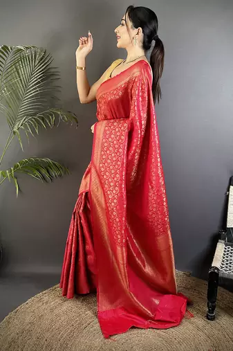 red soft satin silk blend floral & paisley motifs banarasi saree