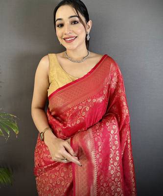 red soft satin silk blend floral & paisley motifs banarasi saree 4