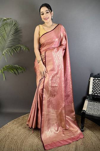 dusty pink soft satin silk blend floral & paisley motifs banarasi saree