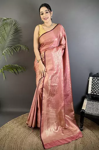 dusty pink soft satin silk blend floral & paisley motifs banarasi saree