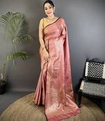 dusty pink soft satin silk blend floral & paisley motifs banarasi saree