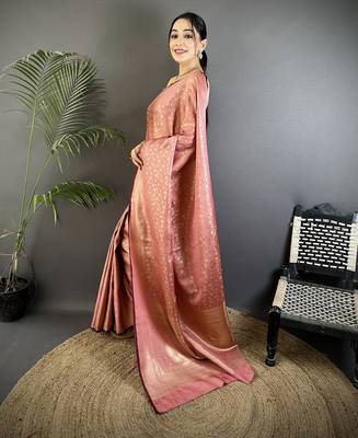 dusty pink soft satin silk blend floral & paisley motifs banarasi saree 2