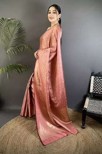 dusty pink soft satin silk blend floral & paisley motifs banarasi saree