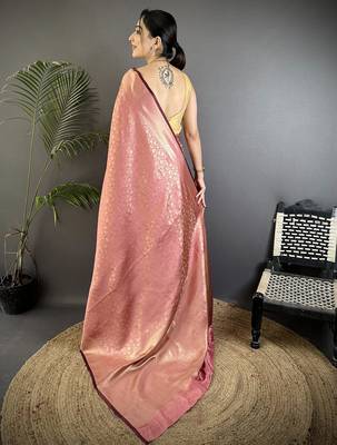 dusty pink soft satin silk blend floral & paisley motifs banarasi saree 3